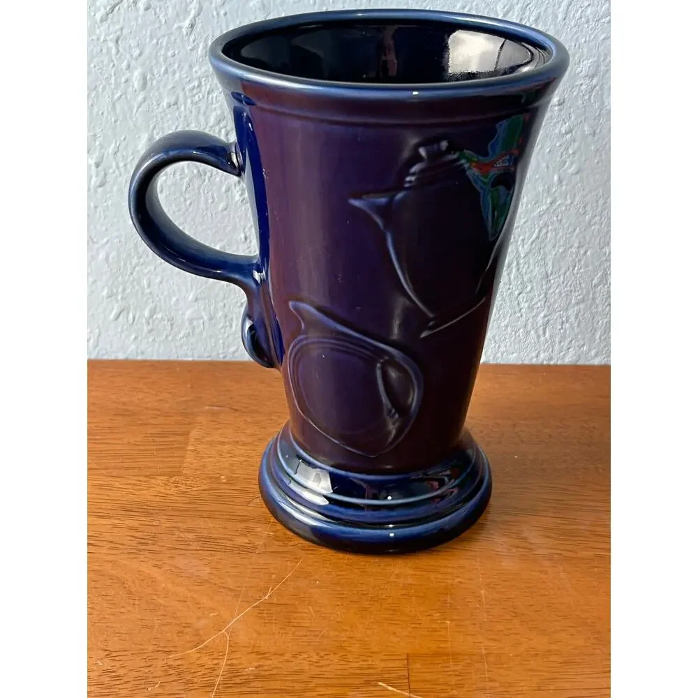 VTG Homer Laughlin Fiestaware Mug Embossed Cobalt Blue Pedestal Cappucino Latte